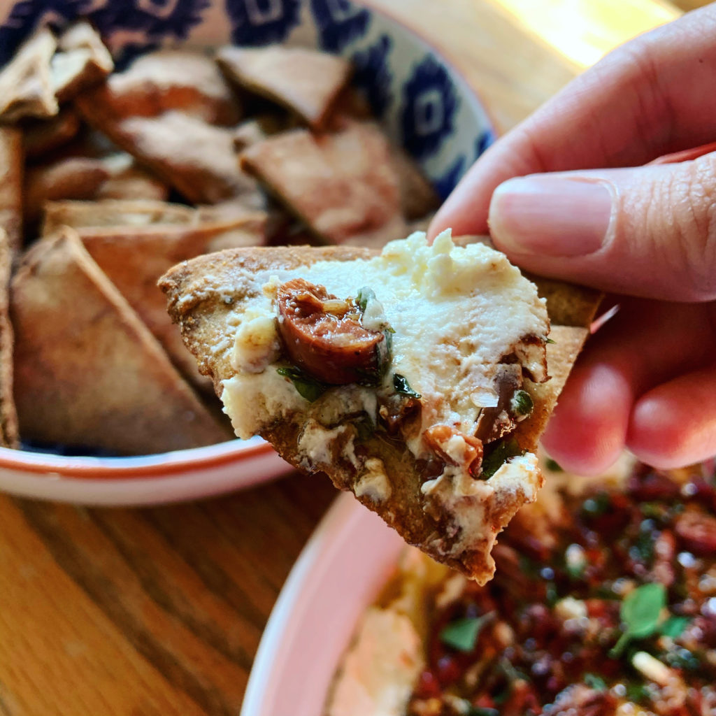 Marinated Goat Cheese with Olive Dip on Pita Chips